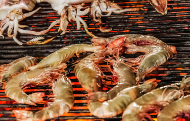 prawn or tiger shrimp cooking grill