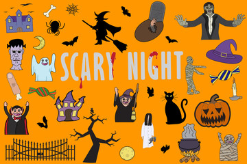 Set of different vector illustration for halloween. Mummy, pumpkin, witch, ghost, zombie, bats, vampire and tomb cartoons