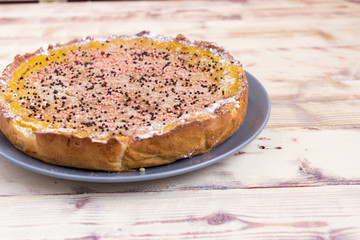 Pumpkin Pie Traditional Thanksgiving Tasty Tart. Autumnal Food Background with Hand Made Baked Cake. 