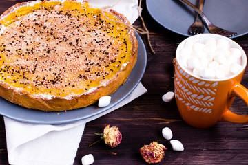 Pumpkin Pie Traditional Thanksgiving Tasty Tart. Autumnal Food Background with Hand Made Baked Cake. 