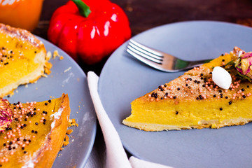 Pumpkin Pie Traditional Thanksgiving Tasty Tart. Autumnal Food Background with Hand Made Baked Cake. 