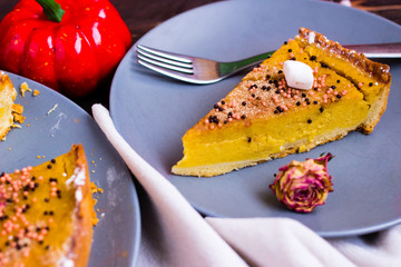 Pumpkin Pie Traditional Thanksgiving Tasty Tart. Autumnal Food Background with Hand Made Baked Cake. 