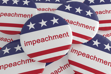 USA Politics News Badges: Pile of Impeachment Buttons With US Flag, 3d illustration