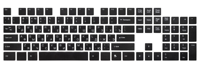 All black keyboard keys, full keyboard layout, Isolated on white