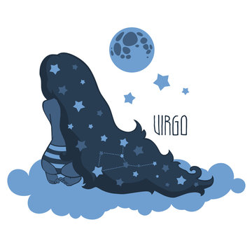 Virgo on a cloud surrounded by stars. Zodiac constellation. Vector graphics.