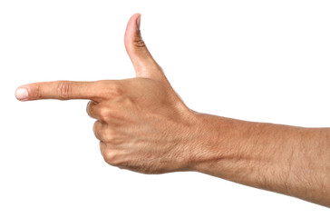 Male hand pointing at something on white background