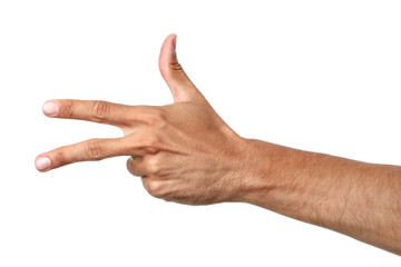 Gesturing male hand on white background