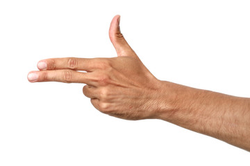 Male hand pointing at something on white background