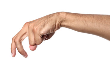 Gesturing male hand on white background