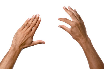 Male hands holding something on white background