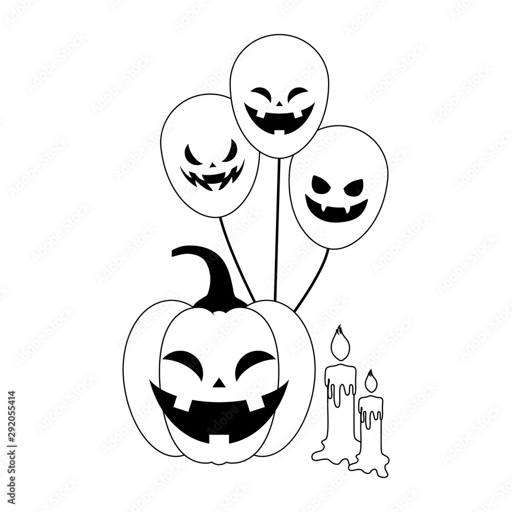 Poster silhouette of pumpkin with icons halloween on white background