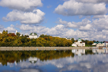 Cheboksary, Russia - September 10, 2019. View of the Cheboksary Bay and the Historical Embankment.