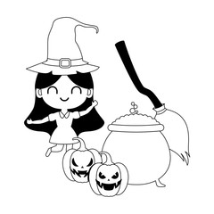 silhouette of girl disguised as a witch and pumpkin with treats