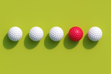 Red Golf ball color among white golf color on green background. minimal sport idea. 3D Render.