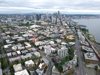 Seattle, Washington downtown underneath clouds drone landscape views