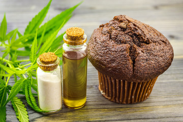 Cannabis cupcake muffin with CBD Crystals isolate CBD oil and hemp leaves
