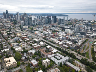 Downtown Seattle highway aerial city skyline views