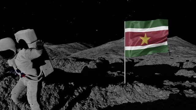 astronaut planting Suriname flag on the moon.