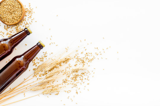 Beer background with barley on white background top view copy space