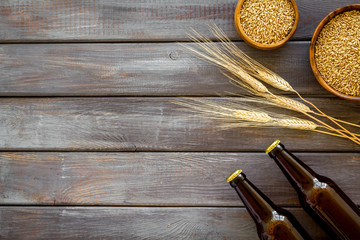 Beer ingredients. Barley near beer bottles on dark wooden background top view copy space