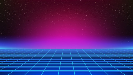 Synthwave background. Retro futuristic backdrop with perspective grid. Pink and blue glow in distance. Geometric template. 80s style illustration with horizon line and stars in the virtual sky