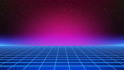 Fotobehang Synthwave achtergrond. Retro futuristische achtergrond met perspectiefraster. Roze en blauwe gloed in de verte. Geometrische sjabloon. Illustratie in jaren 80-stijl met horizonlijn en sterren aan de virtuele hemel © Horsepowermini