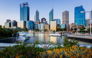 Cityscape of Perth WA from Elizabeth Quay after sunset - obrazy, fototapety, plakaty