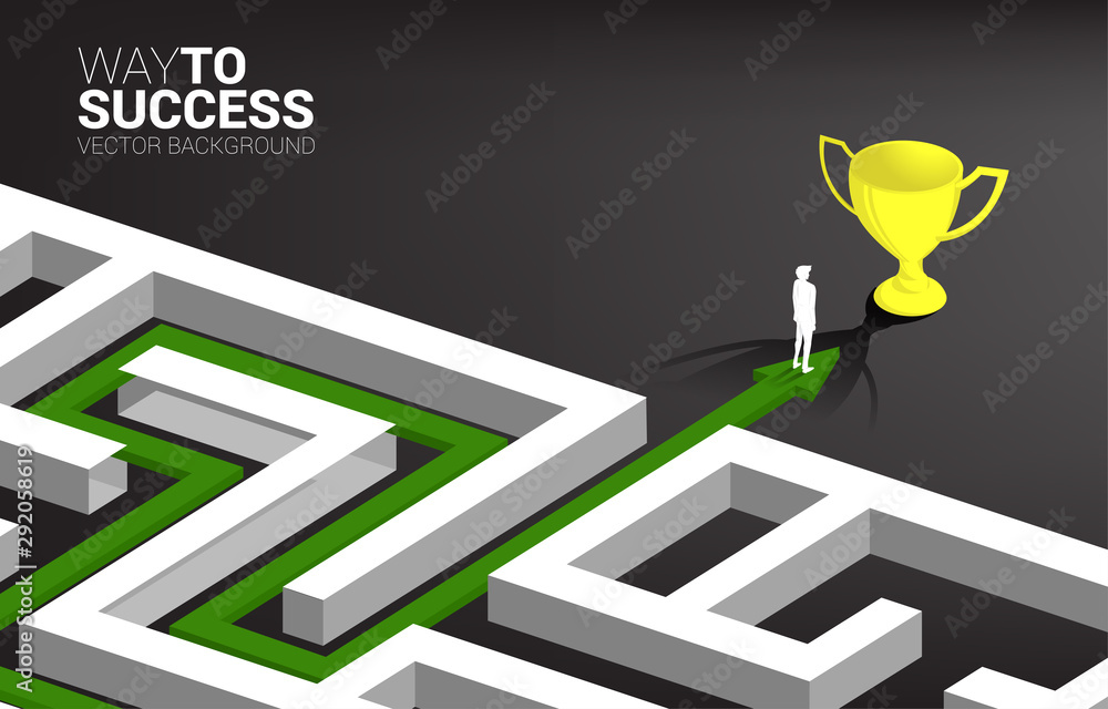 Aufkleber Silhouette of Businessman on Arrow with route path to exit the maze to golden trophy. Business concept for problem solving and solution strategy