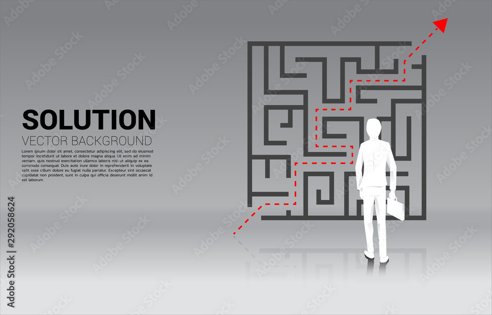 Poster Silhouette of Businessman standing with plan to exit from maze . Business concept for problem solving and solution strategy. 