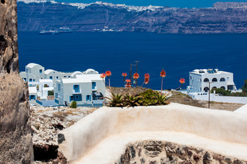 View of the Aegean sea from the ruins of the Castle of Akrotiri also known as Goulas or La Ponta, a former Venetian castle on the island of Santorini