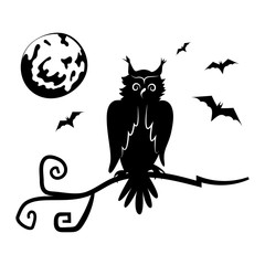 Owl, bats and the moon. Black silhouette of halloween decoration. I