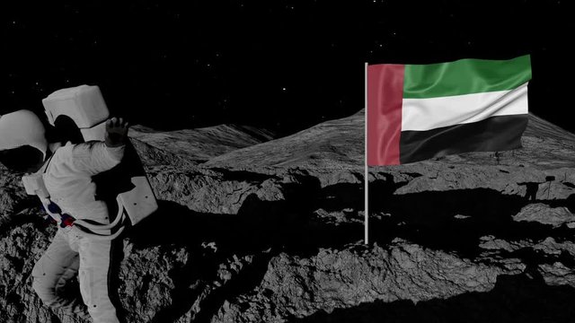 astronaut planting United arab emirates flag on the moon.