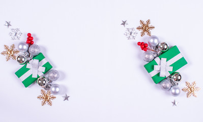 Christmas or winter composition. Pattern made of white balls and snowflakes on pastel blue background. Christmas, winter, new year concept. Flat lay, top view, copy space