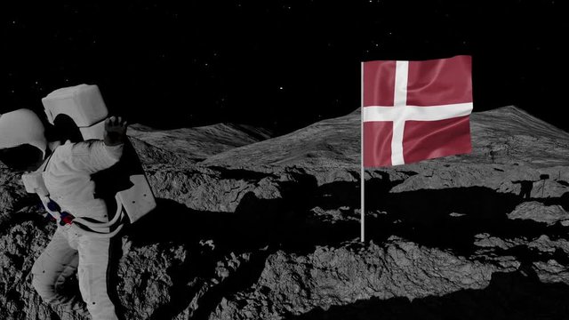 astronaut planting Denmark flag on the moon.