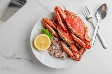 Cooked Steamed blue crab on white plate food concept background, top view