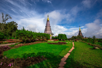 Background view of close-up tourist attractions, Landmark in Chiang Mai, near Doi Inthanon (Pra Mahatat Noppamethanedon and Pra Mahatat Nopphonphusiri), Thailand.