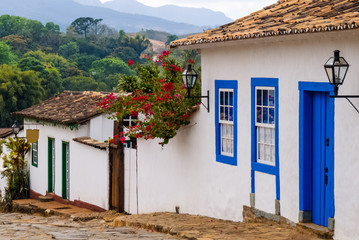 Fototapeta na wymiar Old colonial houses with cobblestone streets in the historical center of Tiradentes, Minas Gerais, Brazil