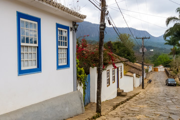 Old colonial houses with cobblestone streets in the historical center of Tiradentes, Minas Gerais, Brazil