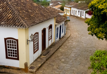 Old colonial houses with cobblestone streets in the historical center of Tiradentes, Minas Gerais, Brazil