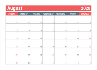 August 2020. Horizontal planner. English calendar. Сolor vector template. Week starts on Sunday. Business planning. New year. Clean minimal table. Simple design