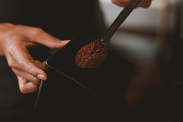 people's hand make coffee with expertise for background..