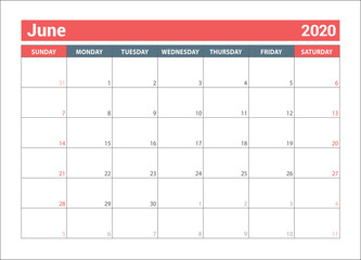 June 2020. Horizontal planner. English calendar. Сolor vector template. Week starts on Sunday. Business planning. New year. Clean minimal table. Simple design