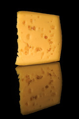 closeup hard porous yellow cheese piece with holes