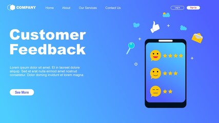 Customer feedback online review site landing page. Online review report client survey presentation template