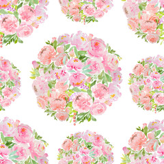 Seamless watercolor pattern. Bouquet of peony and round roses on a white background. Beautiful hand drawn flowers in the shape of a ball. For design, textile, postcards.