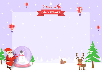 Fototapeta na wymiar Vector of Merry Christmas frame with santa claus glass ball and reindeer on snow purple background.