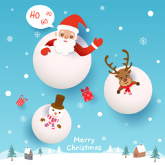 Fototapeta na wymiar Vector of Merry Christmas with santa claus,reindeer and snowman in the snow on snowy background.
