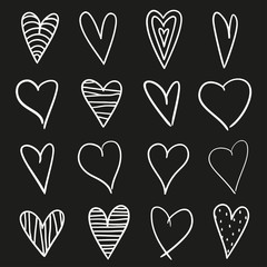 Hand drawn abstract hearts on black background. Sketchy illustration for design. Line art creation. Black and white illustration