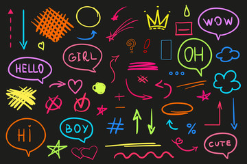 Infographic elements on isolation black background. Collection of different signs. Hand drawn simple objects. Line art. Colorful illustration. Elements for design