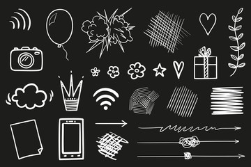 Infographic elements on isolated black background. Hand drawn different outline objects. Black and white illustration